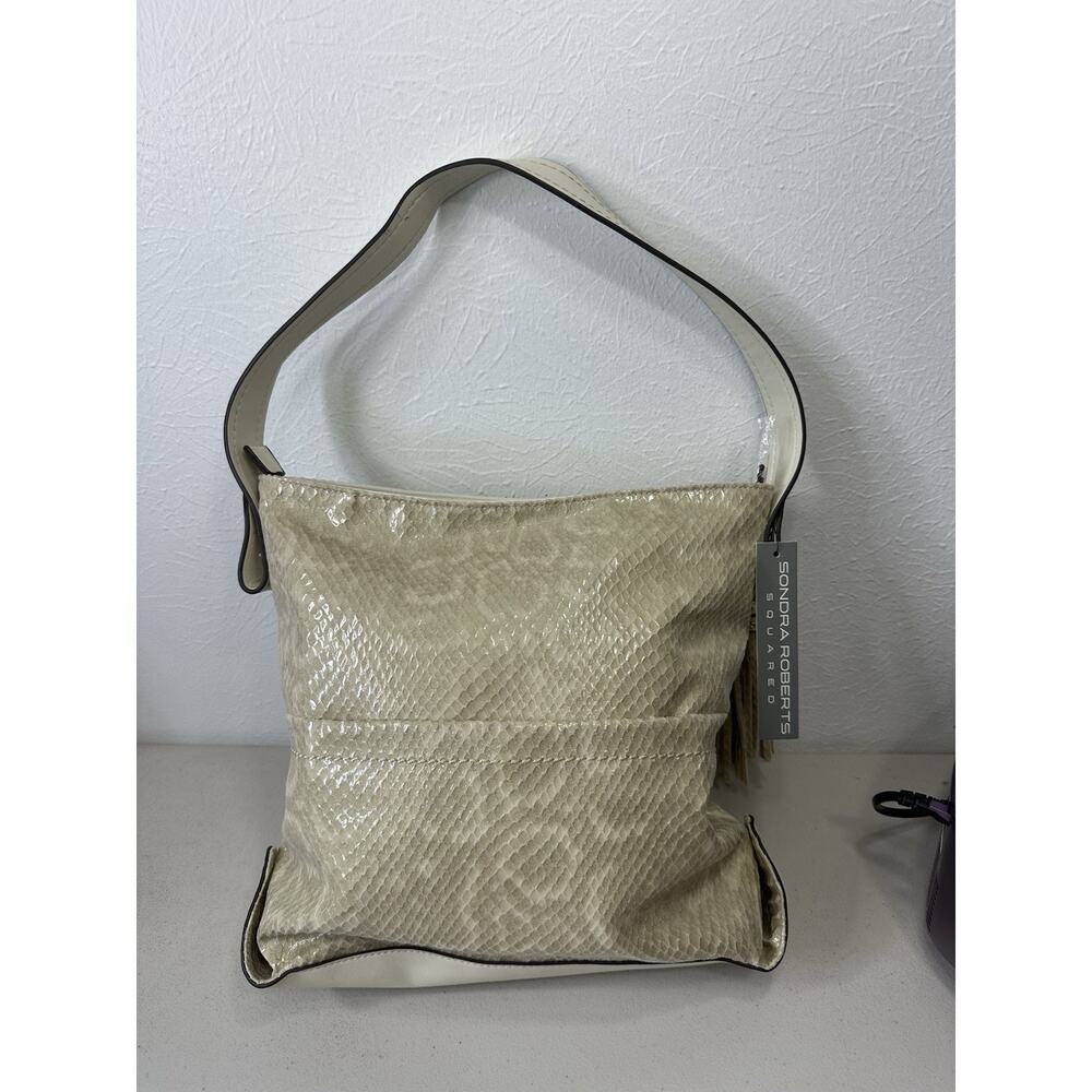 SONDRA ROBERTS SQUARED Faux Snake Skin Shoulder Handbag Purse Ivory Cream Vegan